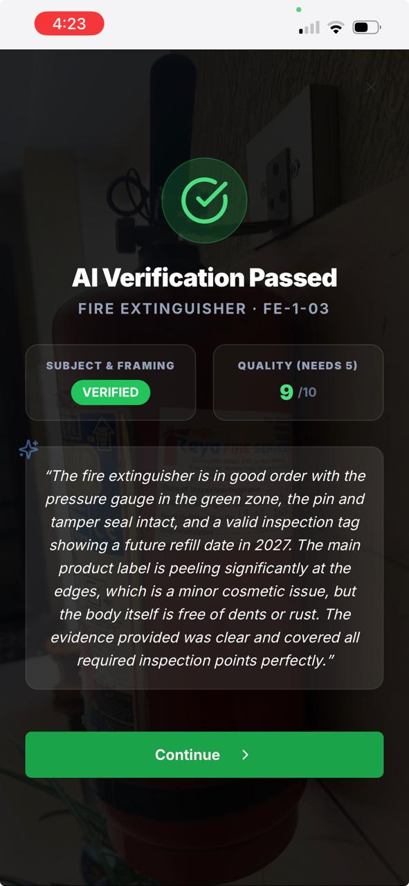 The MonoRo app showing AI Verification Passed for fire extinguisher FE-1-03: subject and framing verified, quality scored 9 out of 10 against a required 5, with a written rationale noting the peeling product label.